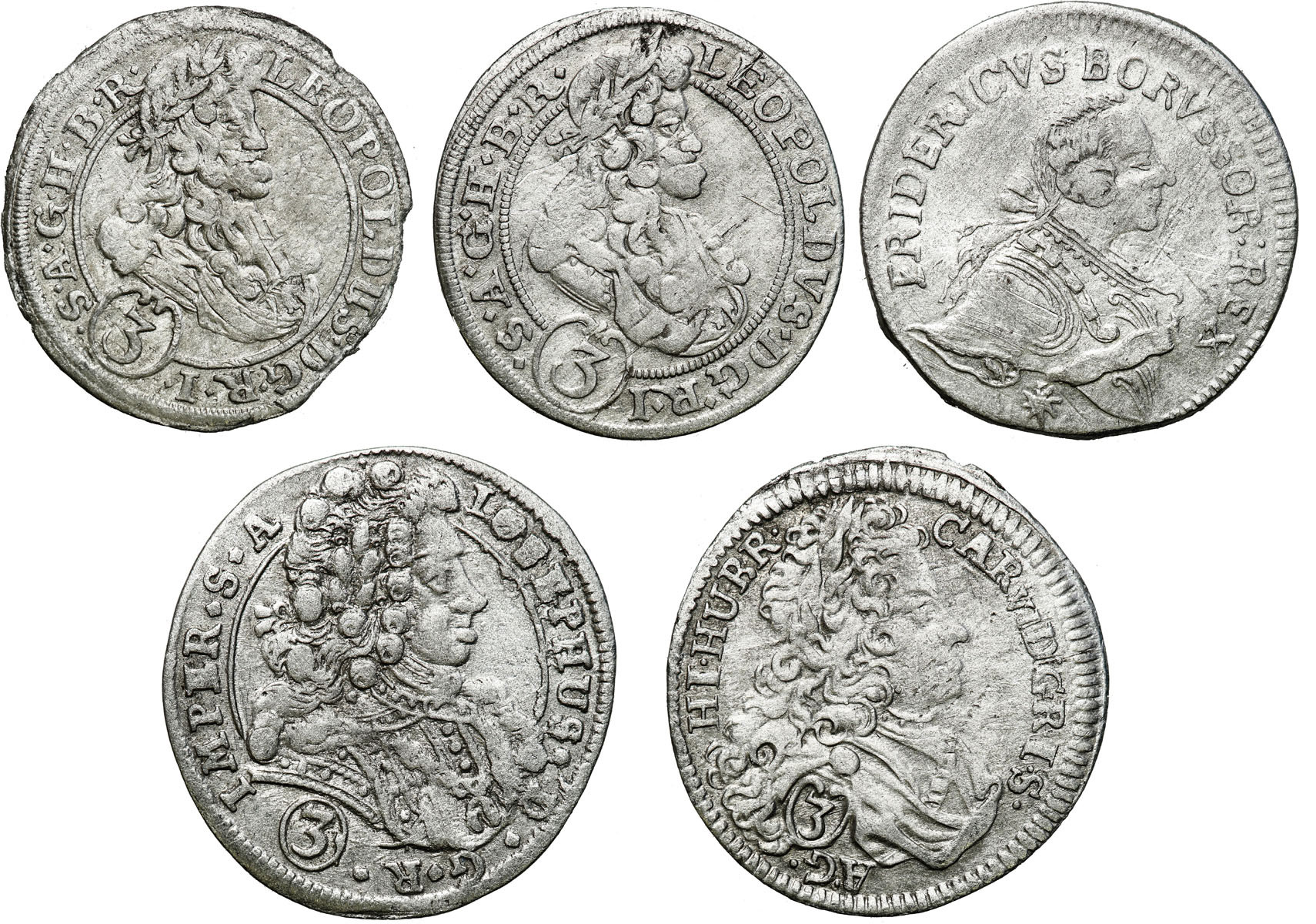 Niemcy, Austria 3 krajcary – 6 groszy 1698 – 1753 – zestaw 5 sztuk
